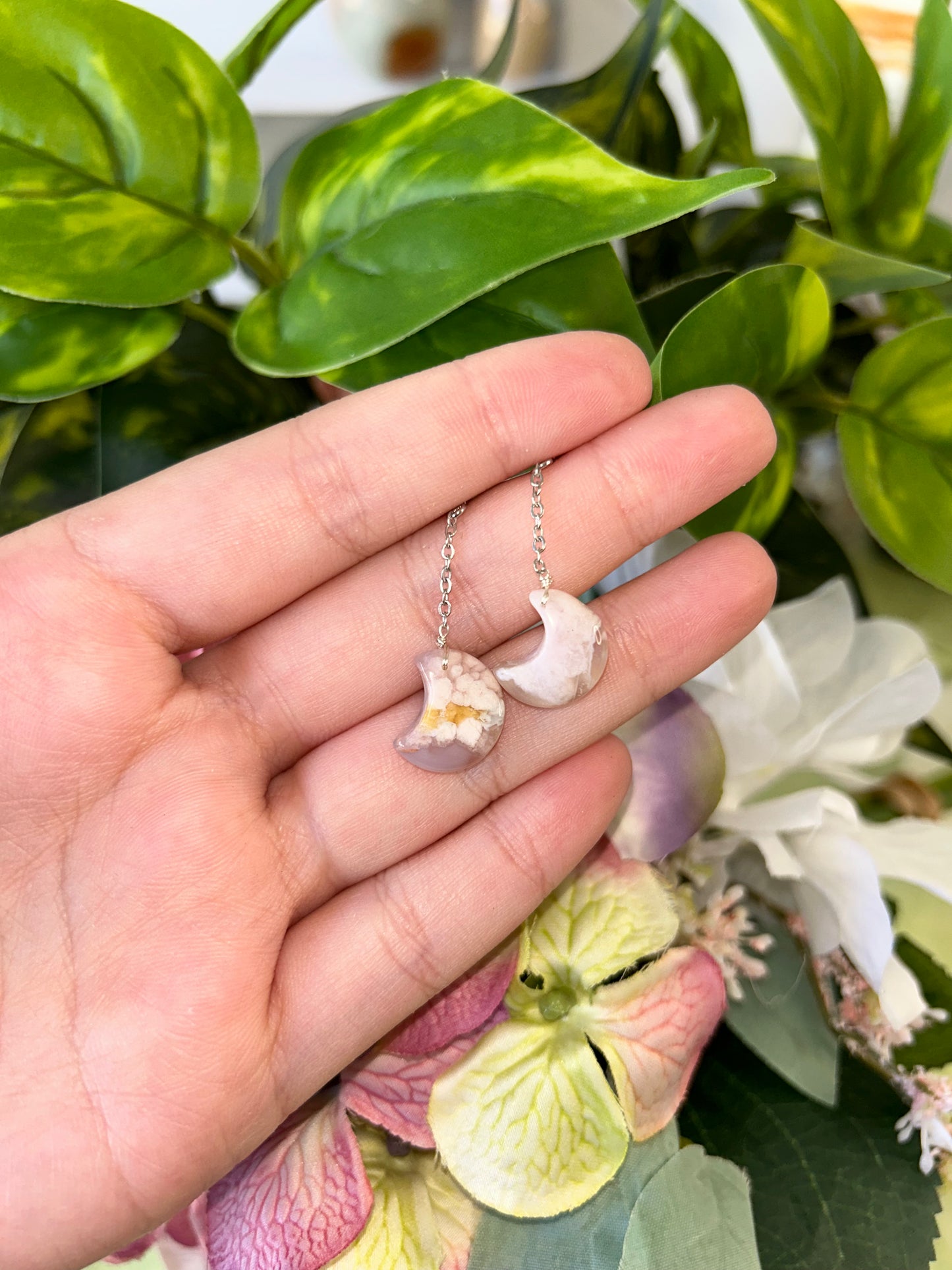 Flower Agate S925 Moon Earrings