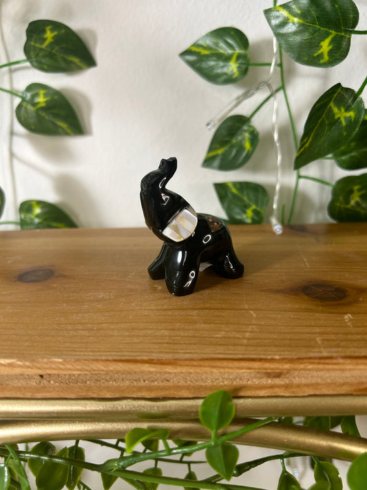 Obsidian Elephant with Assorted Crystals